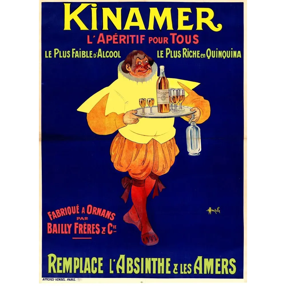 Affiche publicité Kinamer apéritif quinquina Arlequin serveur Haudiville Bailly Frères Ornans Vendel Paris Affiche publicité Kinamer apéritif quinquina Arlequin serveur Haudiville Bailly Frères Ornans Vendel Paris