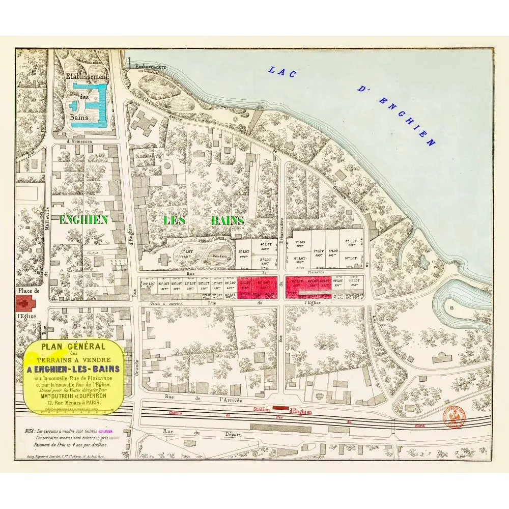 Plan général terrains vendre Enghien-les-Bains lac lots numérotés rue Plaisance Dutreih Duperron XIXe