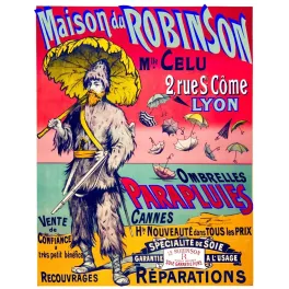 Affiche publicité Maison Robinson parapluies ombrelles Mlle Celu Lyon Robinson Crusoé mascotte