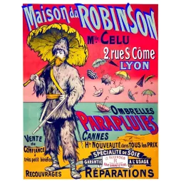 Affiche publicité Maison Robinson parapluies ombrelles Mlle Celu Lyon Robinson Crusoé mascotte