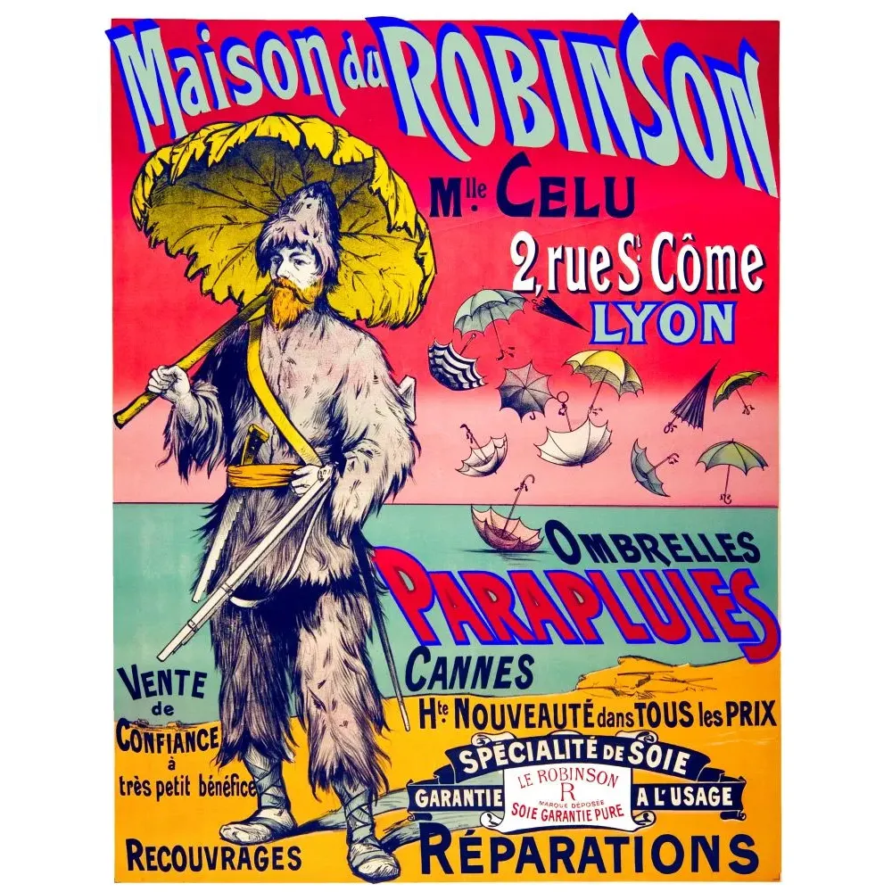 Affiche publicité Maison Robinson parapluies ombrelles Mlle Celu Lyon Robinson Crusoé mascotte Affiche publicité Maison Robinson parapluies ombrelles Mlle Celu Lyon Robinson Crusoé mascotte