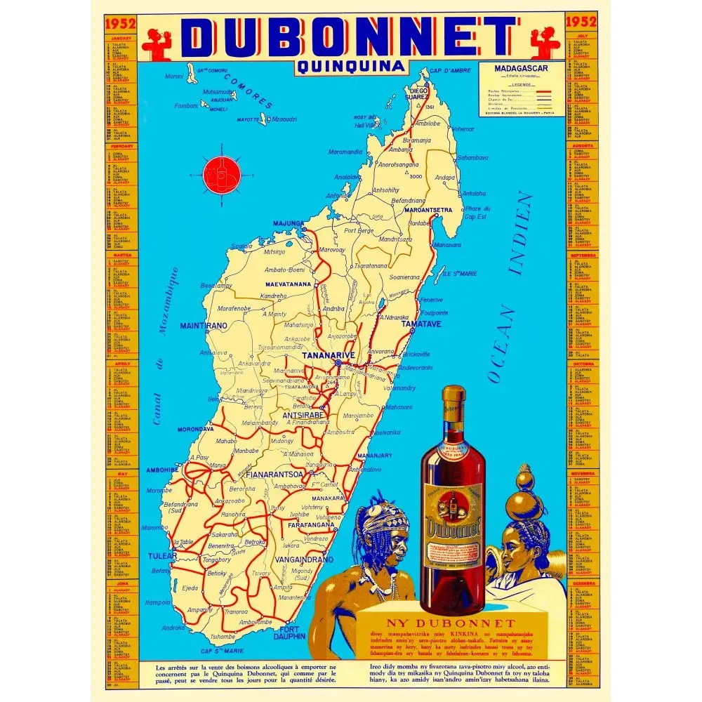 Calendrier publicitaire Dubonnet Quinquina 1952 carte Madagascar Tananarive routes villes Blondel La Rougery Calendrier publicitaire Dubonnet Quinquina 1952 carte Madagascar Tananarive routes villes Blondel La Rougery
