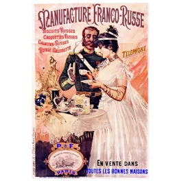 Affiche publicité Manufacture Franco-Russe biscuits gaufrettes officier russe élégante salon Camis Paris