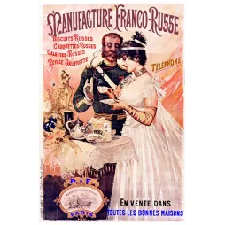 Affiche publicité Manufacture Franco-Russe biscuits gaufrettes officier russe élégante salon Camis Paris