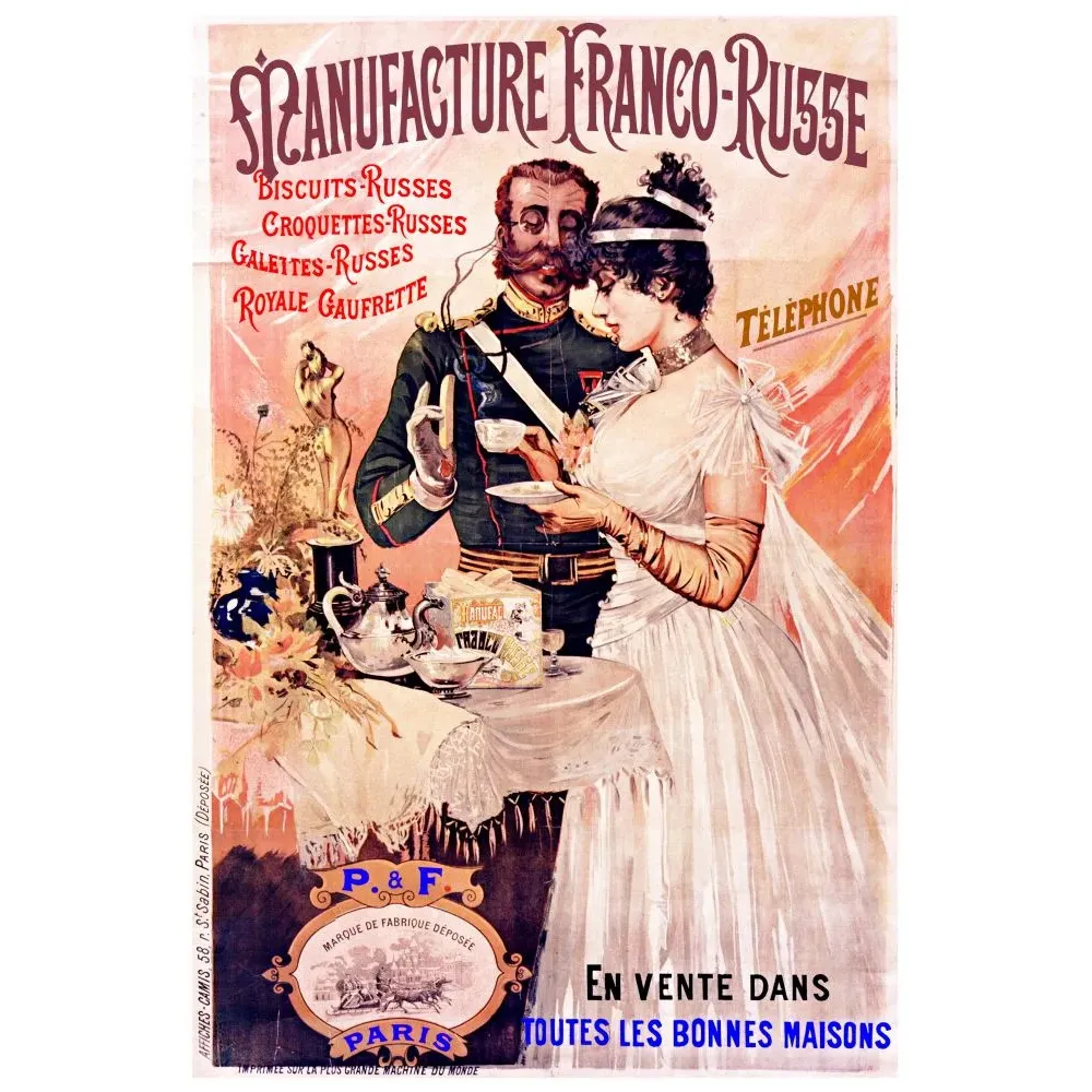 Affiche publicité Manufacture Franco-Russe biscuits gaufrettes officier russe élégante salon Camis Paris Affiche publicité Manufacture Franco-Russe biscuits gaufrettes officier russe élégante salon Camis Paris