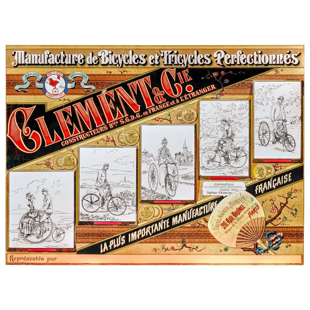 Affiche publicité Clément & Cie manufacture bicycles tricycles Paris avenue Brunel médailles expositions Appel