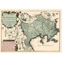 Carte Environs Marseille territoire N. de Fer géographe 1708 îles rade Provence cartouche baroque
