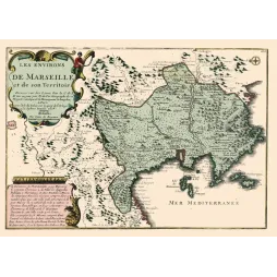 Carte Environs Marseille territoire N. de Fer géographe 1708 îles rade Provence cartouche baroque