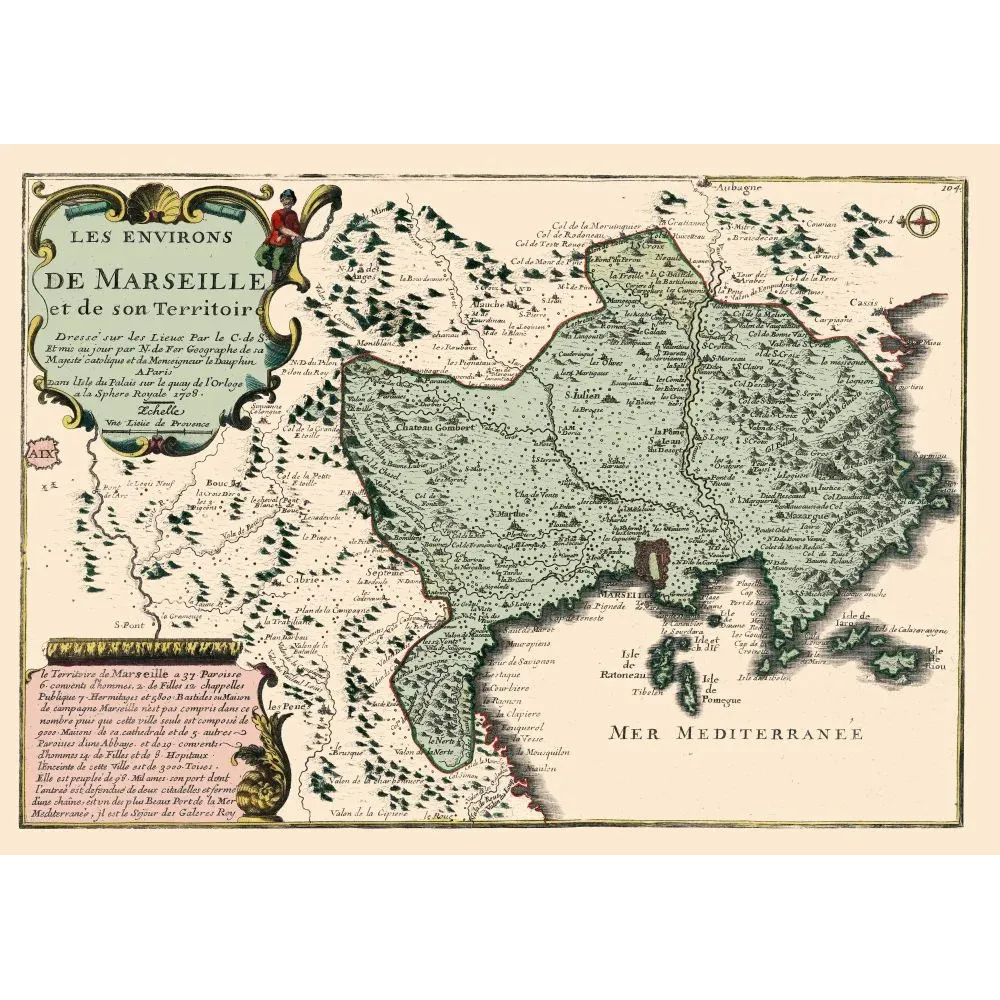 Carte Environs Marseille territoire N. de Fer géographe 1708 îles rade Provence cartouche baroque
