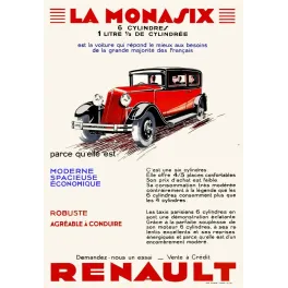 Affiche publicité Renault La Monasix berline rouge 6 cylindres Art Déco Imp. Chaix Paris années 1930