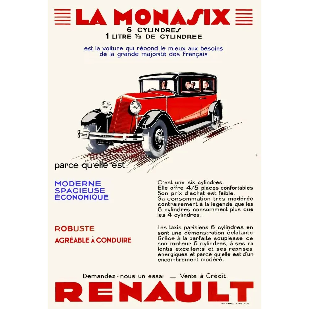 Affiche publicité Renault La Monasix berline rouge 6 cylindres Art Déco Imp. Chaix Paris années 1930 Affiche publicité Renault La Monasix berline rouge 6 cylindres Art Déco Imp. Chaix Paris années 1930