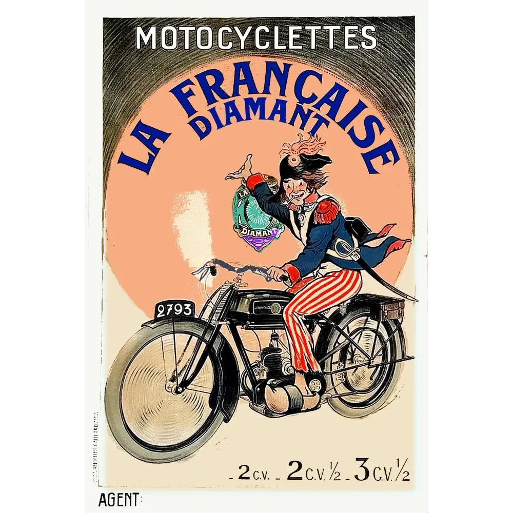 Affiche publicité motocyclette La Française Diamant cavalier napoléonien uniforme bleu Affiches Gaillard début XXe Affiche publicité motocyclette La Française Diamant cavalier napoléonien uniforme bleu Affiches Gaillard début XXe