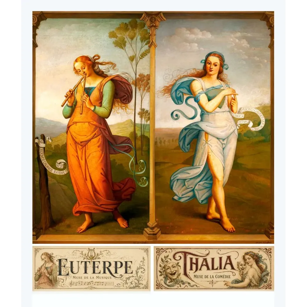 Diptyque académique Euterpe muse Musique flûte Thalia muse Comédie danse paysage classique cartouches XIXe
