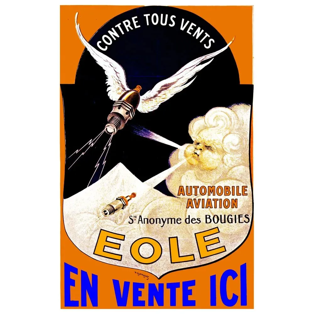 Affiche publicité Bougies Éole automobile aviation bougie ailée dieu du vent éclairs Art Déco