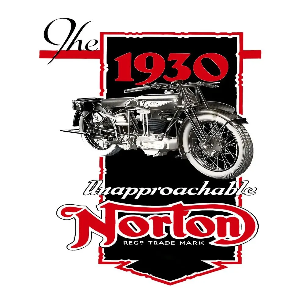 Document publicitaire Norton 1930 Unapproachable moto anglaise Birmingham rouge noir logotype Art Déco