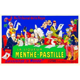 Affiche publicité Menthe-Pastille Giffard Angers scène satirique Tribunal La Haye nations burlesques