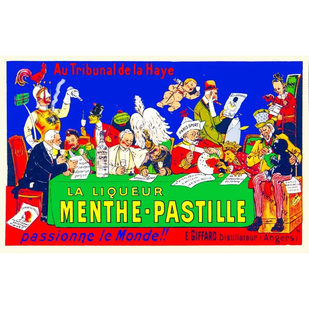 Affiche publicité Menthe-Pastille Giffard Angers scène satirique Tribunal La Haye nations burlesques Affiche publicité Menthe-Pastille Giffard Angers scène satirique Tribunal La Haye nations burlesques