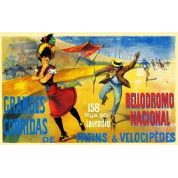 Affiche Bellodromo Nacional Lisbonne patins roulettes vélocipèdes couple coloré Rua Lavradio XIXe