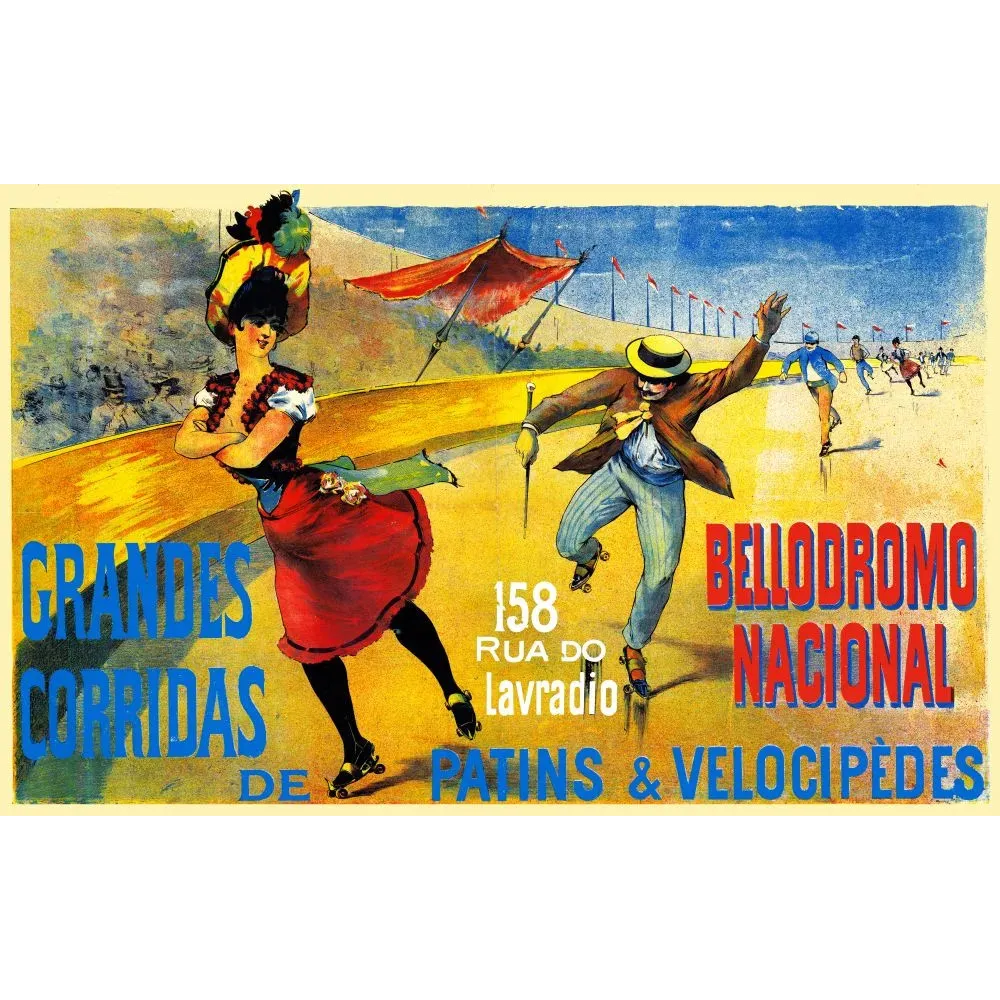 Affiche Bellodromo Nacional Lisbonne patins roulettes vélocipèdes couple coloré Rua Lavradio XIXe Affiche Bellodromo Nacional Lisbonne patins roulettes vélocipèdes couple coloré Rua Lavradio XIXe