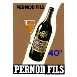 Affiche publicité Pernod Fils 40° bouteille verte verre doré Art Déco création B. Sirven Toulouse-Paris
