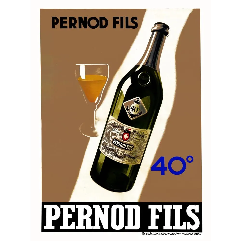 Affiche publicité Pernod Fils 40° bouteille verte verre doré Art Déco création B. Sirven Toulouse-Paris Affiche publicité Pernod Fils 40° bouteille verte verre doré Art Déco création B. Sirven Toulouse-Paris