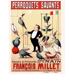 Affiche cirque Perroquets Savants nain François Millet Grand Hippodrome Cirques Paris perchoirs drapeau lithographie Appel