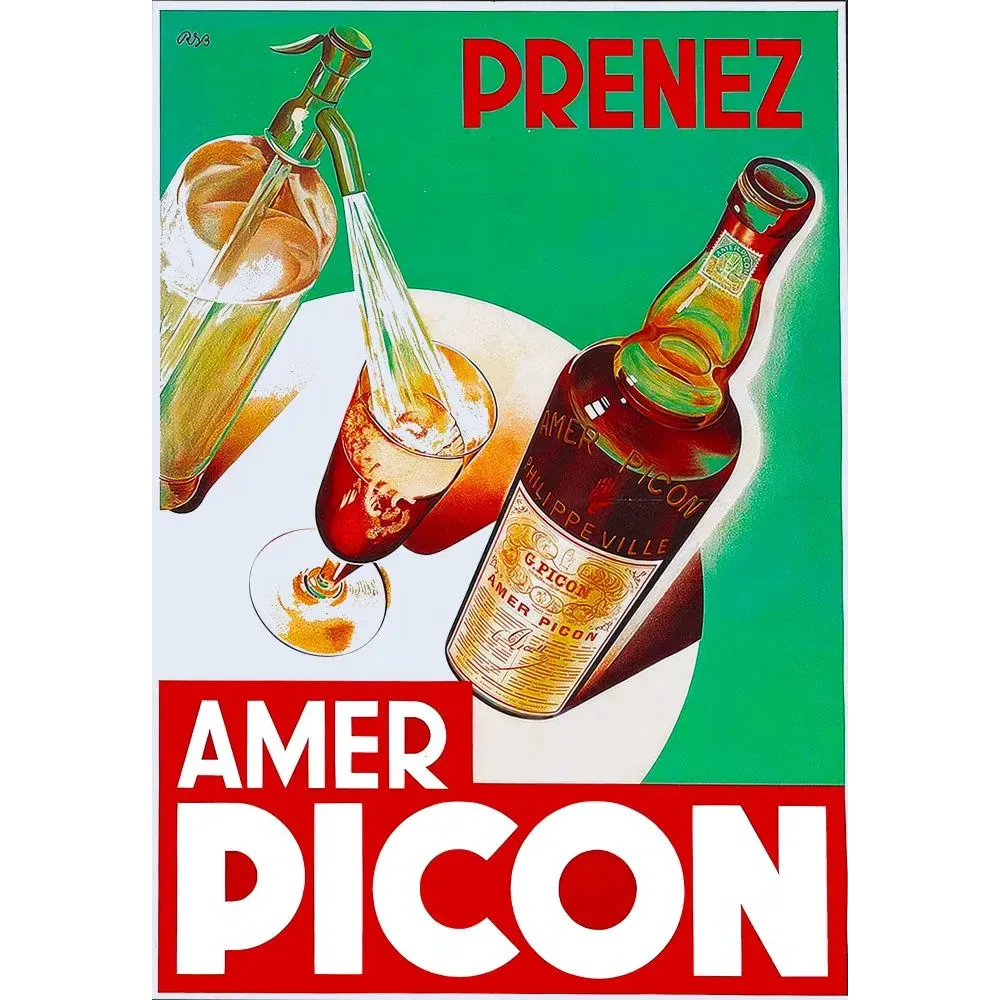 Affiche publicité Amer Picon RVB bouteille siphon verre fond vert Art Déco années 1930 Philippeville