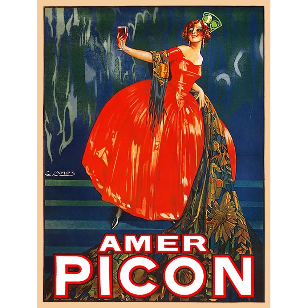 Affiche publicité Amer Picon G. Camps élégante robe rouge écarlate verre levé traîne tournesols fond bleu Art Déco