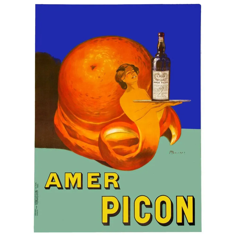 Affiche publicité Amer Picon A. Bouchet femme surgissant orange géante fond bleu Vercasson Paris