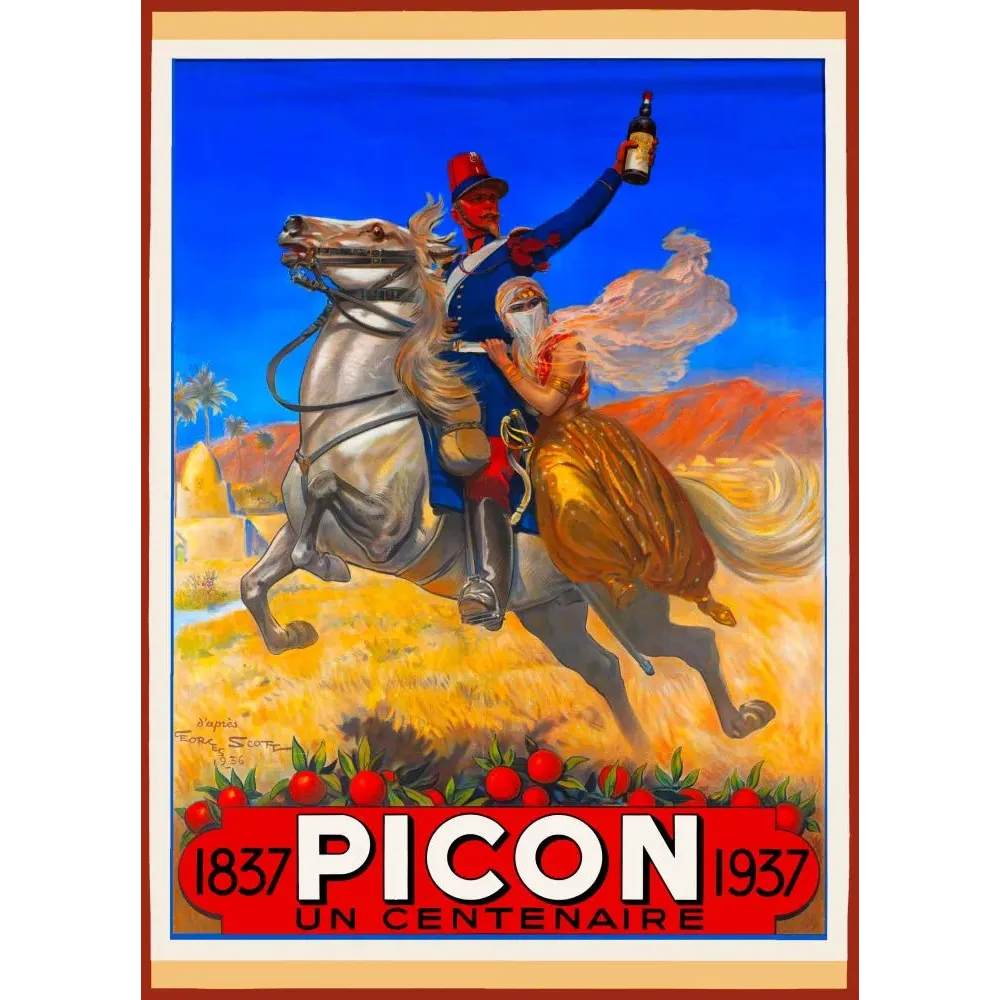 Affiche Picon centenaire 1837-1937 spahi cheval blanc paysage algérien d'après Georges Scott 1936