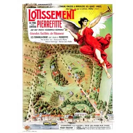 Affiche lotissement Parc Château Pierrefitte Épargne Foncière Quinze-Vingts vue cavalière tramway allégorie ailée Minot Paris