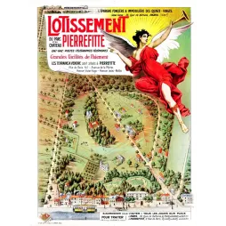 Affiche lotissement Parc Château Pierrefitte Épargne Foncière Quinze-Vingts vue cavalière tramway allégorie ailée Minot Paris