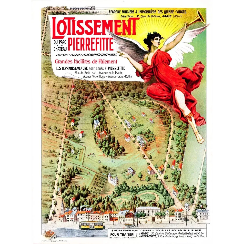 Affiche lotissement Parc Château Pierrefitte Épargne Foncière Quinze-Vingts vue cavalière tramway allégorie ailée Minot Paris Affiche lotissement Parc Château Pierrefitte Épargne Foncière Quinze-Vingts vue cavalière tramway allégorie ailée Minot Paris