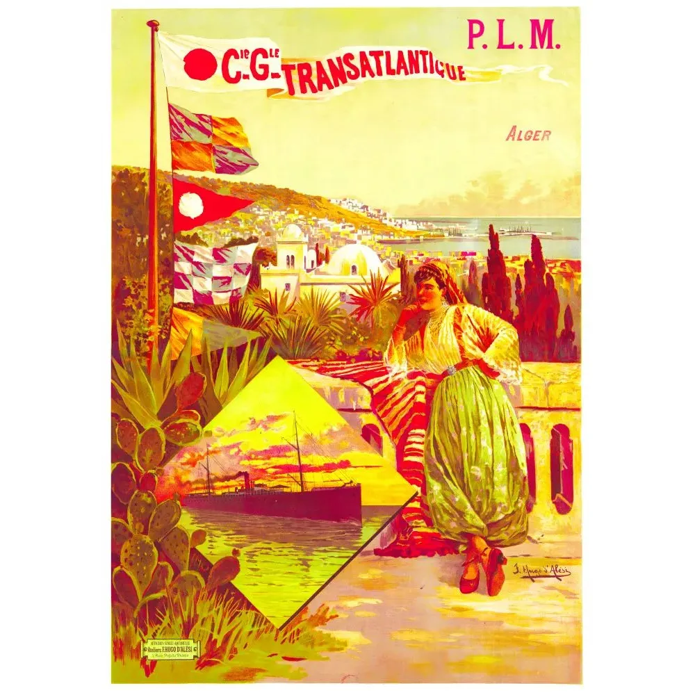 Affiche PLM Compagnie Générale Transatlantique Alger F. Hugo d'Alési femme kabyle baie paquebot Affiche PLM Compagnie Générale Transatlantique Alger F. Hugo d'Alési femme kabyle baie paquebot
