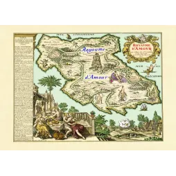 Carte allégorique Royaume Amour Isle Cythère 1659 Tristan l'Hermite pays de Tendre XVIIe villes amour