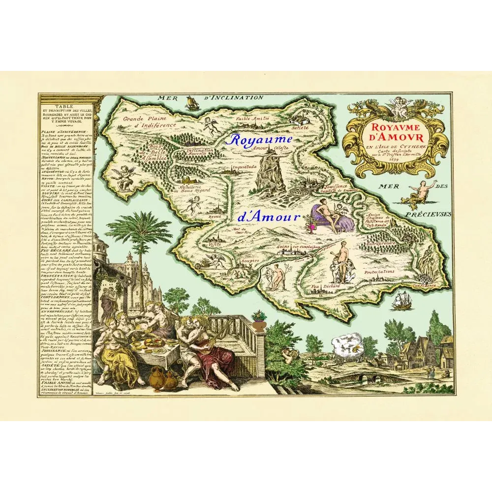 Carte allégorique Royaume Amour Isle Cythère 1659 Tristan l'Hermite pays de Tendre XVIIe villes amour