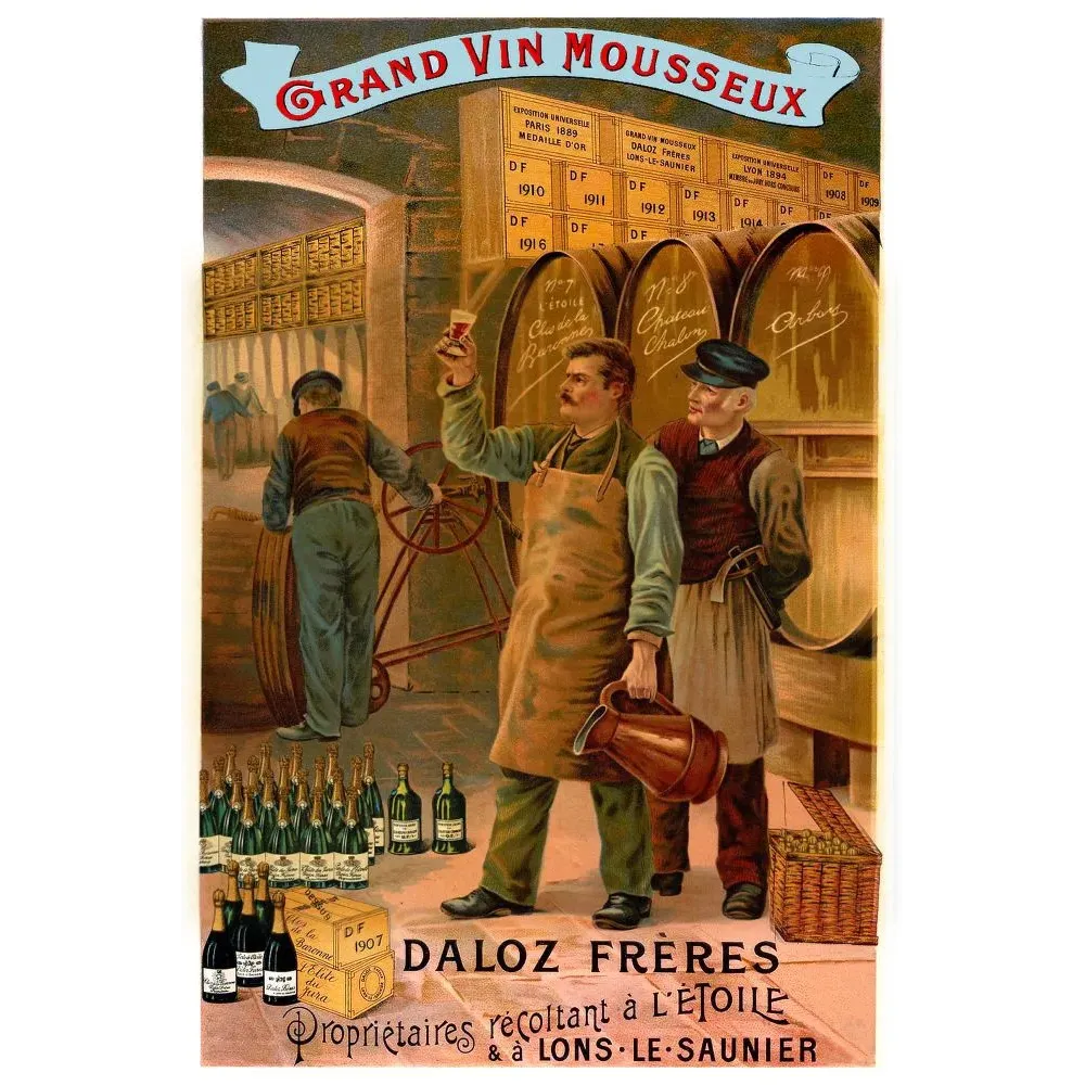 Affiche publicitaire Grand Vin Mousseux Daloz Frères caves Étoile Lons-le-Saunier fûts Arbois Château-Chalon Affiche publicitaire Grand Vin Mousseux Daloz Frères caves Étoile Lons-le-Saunier fûts Arbois Château-Chalon