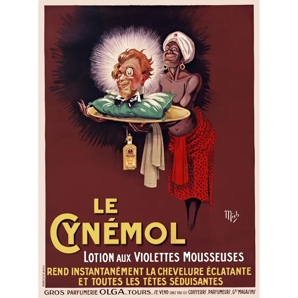 Affiche publicitaire Le Cynémol lotion Violettes Mousseuses signée Mich Parfumerie Olga Tours chevelure brillante