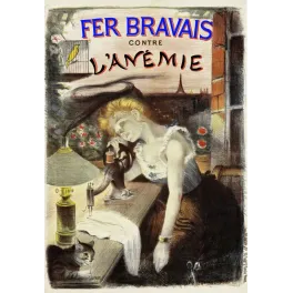 Affiche médicale Fer Bravais anémie ouvrière machine à coudre Tour Eiffel Paris imp. Van Delnoy