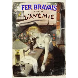 Affiche médicale Fer Bravais anémie ouvrière machine à coudre Tour Eiffel Paris imp. Van Delnoy