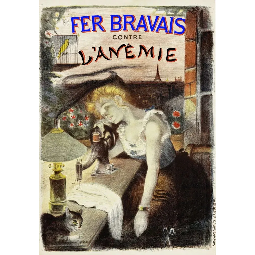 Affiche médicale Fer Bravais anémie ouvrière machine à coudre Tour Eiffel Paris imp. Van Delnoy Affiche médicale Fer Bravais anémie ouvrière machine à coudre Tour Eiffel Paris imp. Van Delnoy