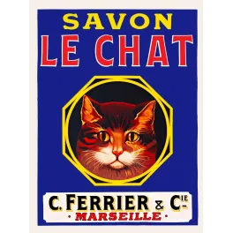 Affiche publicitaire Savon Le Chat C. Ferrier Cie Marseille chat roux médaillon octogonal bleu cobalt