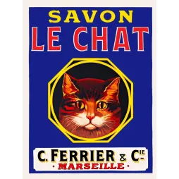 Affiche publicitaire Savon Le Chat C. Ferrier Cie Marseille chat roux médaillon octogonal bleu cobalt