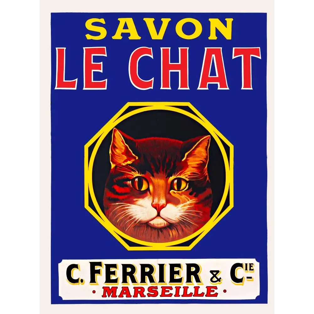 Affiche publicitaire Savon Le Chat C. Ferrier Cie Marseille chat roux médaillon octogonal bleu cobalt Affiche publicitaire Savon Le Chat C. Ferrier Cie Marseille chat roux médaillon octogonal bleu cobalt