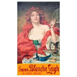 Affiche publicitaire Savon Blanche Leigh Molnik Camis Paris femme rousse robe rouge coiffeuse miroir