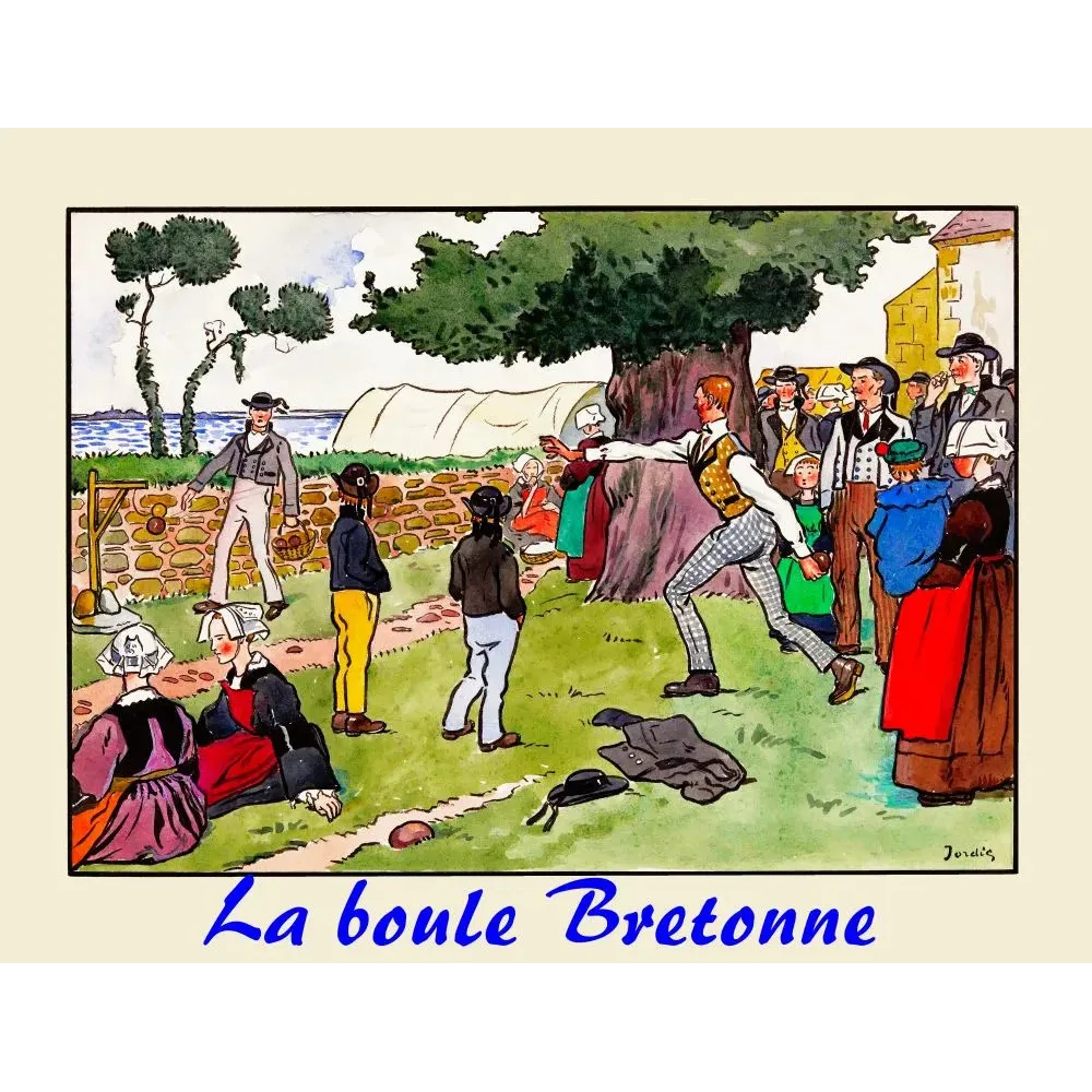 Illustration La Boule Bretonne signée Jordis jeu lanceur costumes traditionnels coiffes Bretagne mer Illustration La Boule Bretonne signée Jordis jeu lanceur costumes traditionnels coiffes Bretagne mer