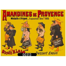 Affiche publicitaire Amandines de Provence Biscuits H. Lalo Fernel médaille 1900 écoliers chapeaux boîtes jaune