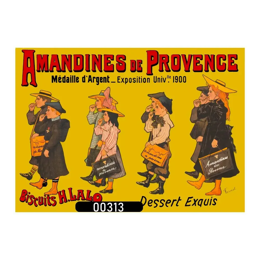 Affiche publicitaire Amandines de Provence Biscuits H. Lalo Fernel médaille 1900 écoliers chapeaux boîtes jaune Affiche publicitaire Amandines de Provence Biscuits H. Lalo Fernel médaille 1900 écoliers chapeaux boîtes jaune