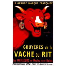 Affiche publicitaire Gruyères Vache qui Rit Fromageries Bel Lons-le-Saunier Benjamin Rabier vache rouge fond noir