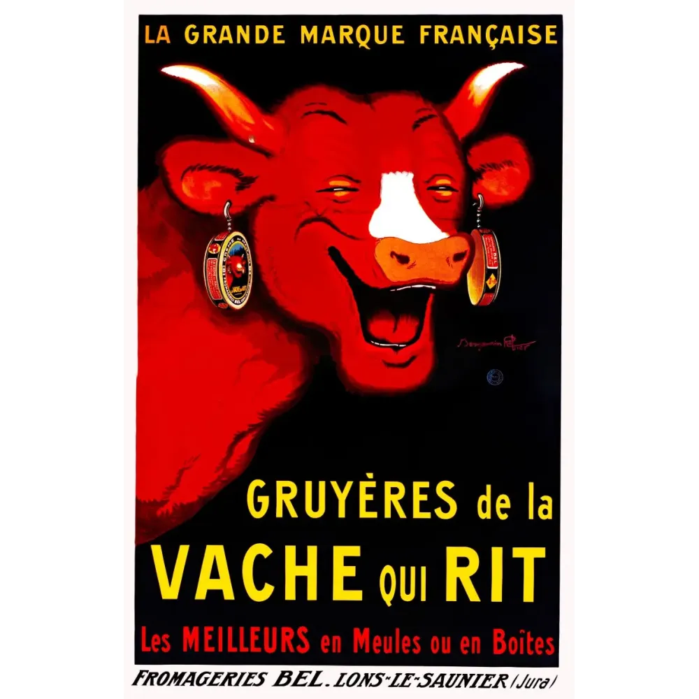 Affiche publicitaire Gruyères Vache qui Rit Fromageries Bel Lons-le-Saunier Benjamin Rabier vache rouge fond noir Affiche publicitaire Gruyères Vache qui Rit Fromageries Bel Lons-le-Saunier Benjamin Rabier vache rouge fond noir